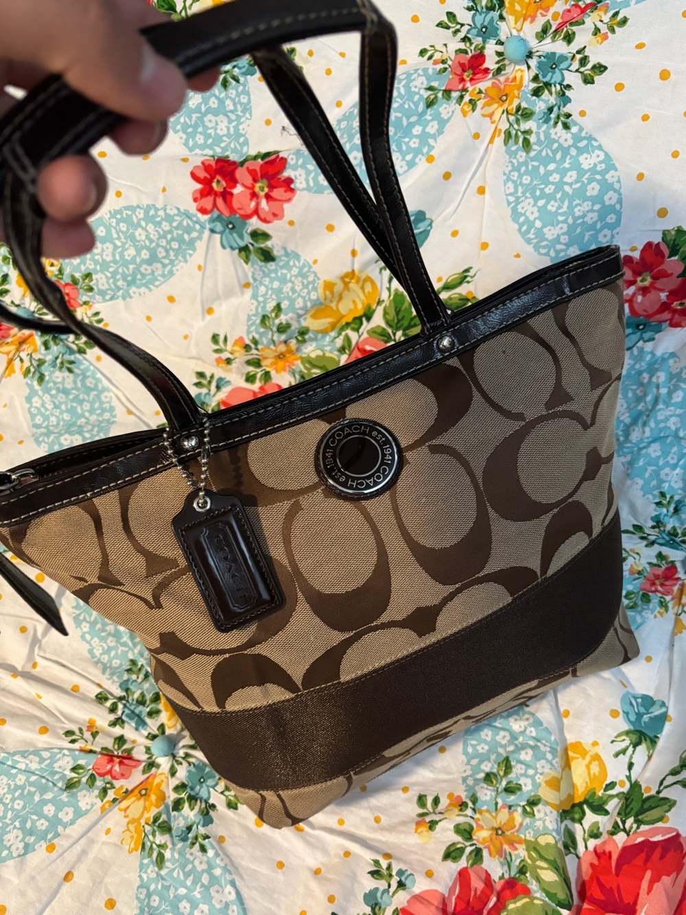 Coach Tan and Brown Signature Canvas Tote with Dark Leather Trim